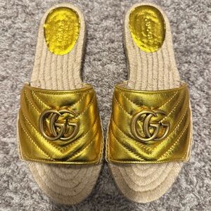 Gucci Metallic Gold Quilted GG Leather Slide Mules